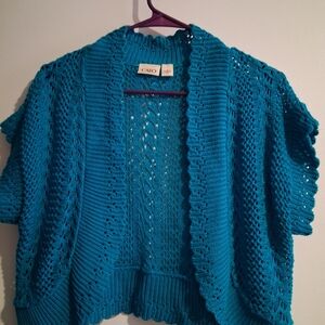 Cato Teal Open-Weave Short Sleeve Cardigan Shrug